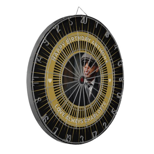 Happy Birthday Foto Gold Black Modern Custom Dartscheibe (Vorderseite Links)