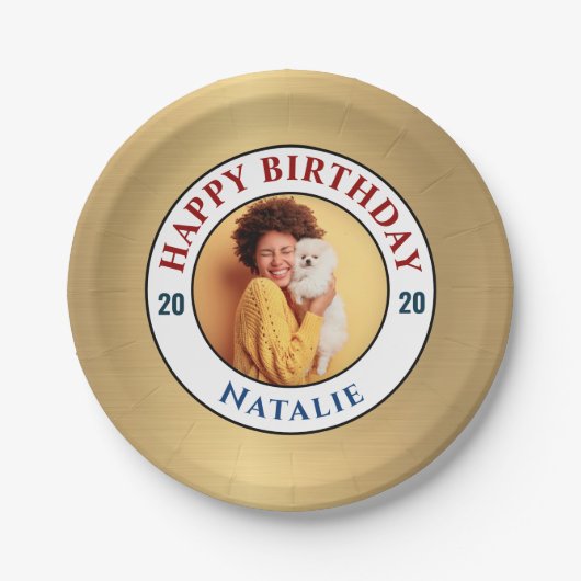 Happy Birthday Foto Gold Elegante Persönliche Gest Pappteller (Vorderseite)