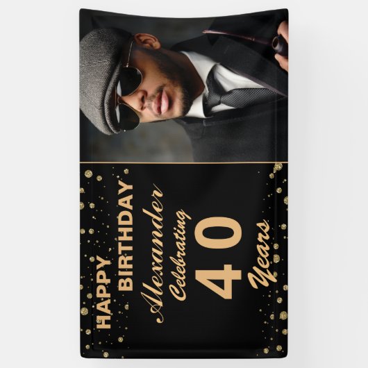 Happy Birthday Foto Party Event Gold Custom Banner (Vertikal)