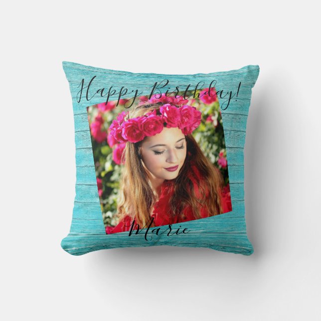 Happy Birthday Foto Rustic Blue Wood Throw Kissen (Vorderseite)