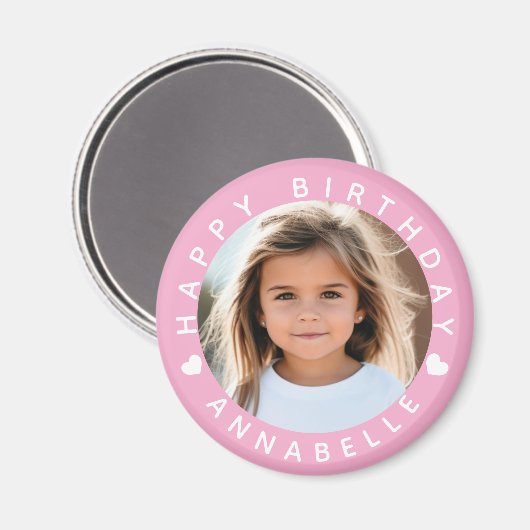 Happy Birthday Foto und Name Abzeichen Magnet (Vorderseite/Rückseite)