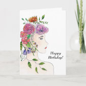 Happy Birthday Frau mit Blume Illustration Karte (Vorderseite)