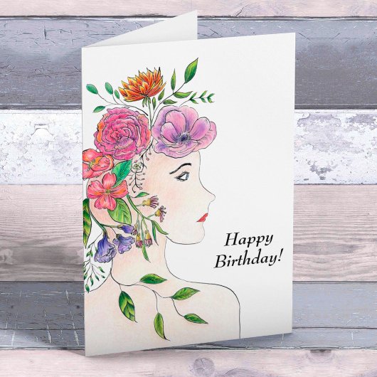 Happy Birthday Frau mit Blume Illustration Karte