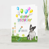 Happy Birthday French Bulldog Balloons und Blume Karte (Vorderseite)