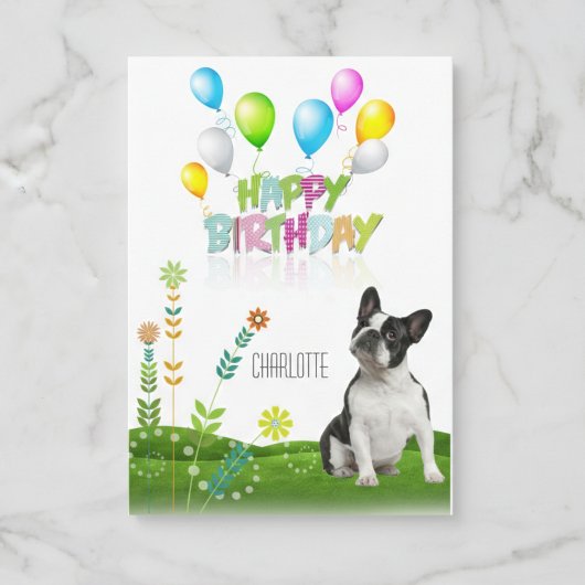Happy Birthday French Bulldog Balloons und Blume Karte
