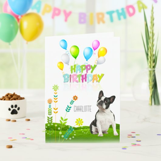Happy Birthday French Bulldog Balloons und Blume Karte
