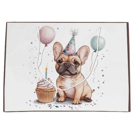 Happy Birthday French Bulldog Große Geschenktüte (Vorderseite)