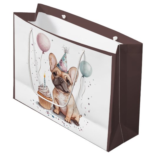 Happy Birthday French Bulldog Große Geschenktüte (Vorderseite Schrägansicht)