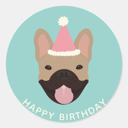 Happy Birthday French Bulldog Party Hat Runder Aufkleber (Vorderseite)