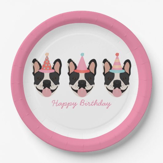 Happy Birthday French Bulldog Party Hats Pink Pappteller (Vorderseite)