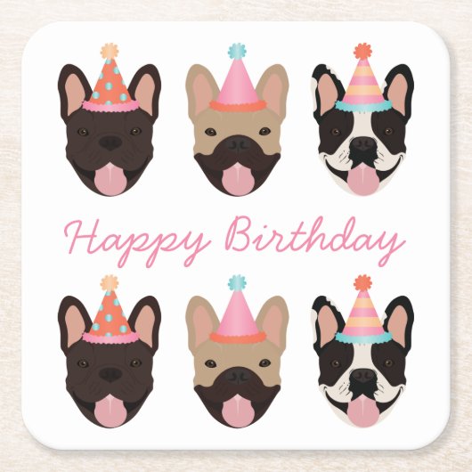 Happy Birthday French Bulldog Party Hats Pink Rechteckiger Pappuntersetzer (Vorderseite)