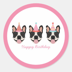 Happy Birthday French Bulldog Party Hats Pink Runder Aufkleber