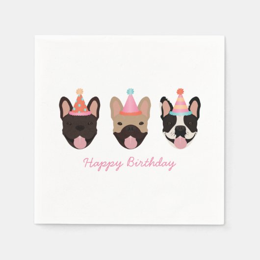 Happy Birthday French Bulldog Party Hats Pink Serviette (Vorderseite)