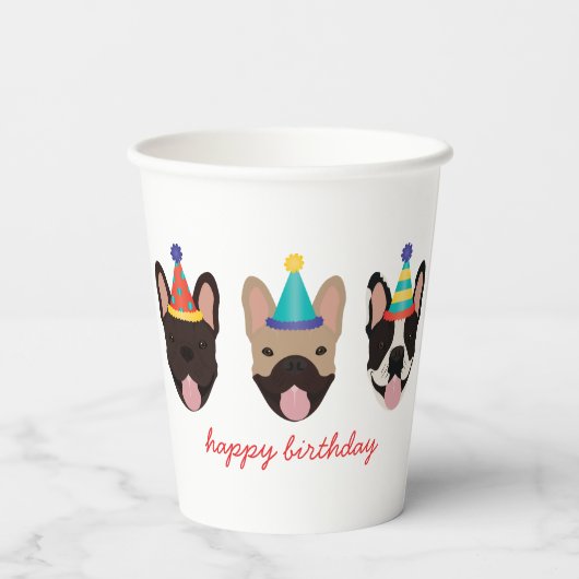 Happy Birthday French Bulldog Party Hats Red Pappbecher (Rückseite)