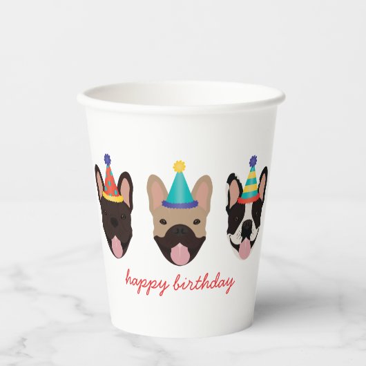 Happy Birthday French Bulldog Party Hats Red Pappbecher (Vorderseite)