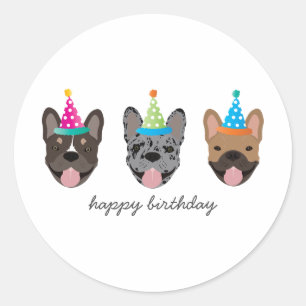Happy Birthday French Bulldog Party Hats Runder Aufkleber