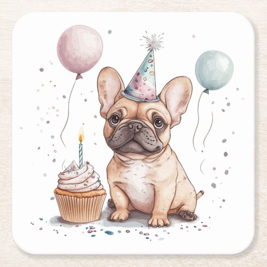 Happy Birthday French Bulldog Rechteckiger Pappuntersetzer (Vorderseite)