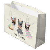 Happy Birthday French Bulldogs Große Geschenktüte (Rückseite Schrägansicht)