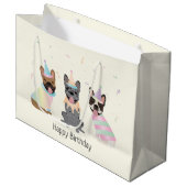 Happy Birthday French Bulldogs Große Geschenktüte (Vorderseite Schrägansicht)