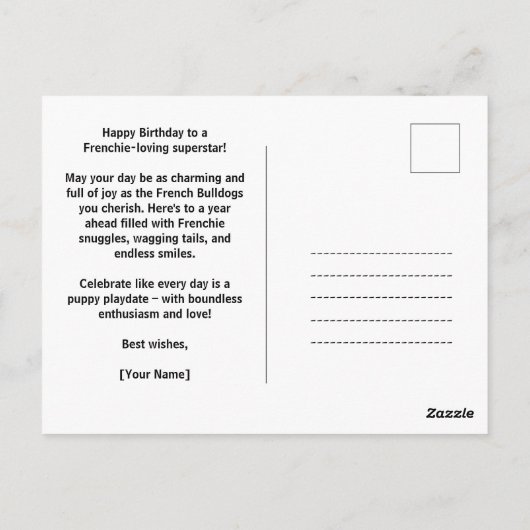 Happy Birthday Frenchie Welpe in einem Dschungel Postkarte (Rückseite)