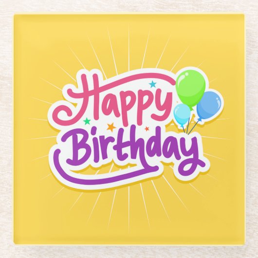 Happy Birthday fröhlich Gelb Moderne Glasuntersetzer (Vorderseite)