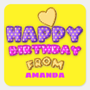 Happy Birthday From Name Balloons Pink Heart Yello Quadratischer Aufkleber
