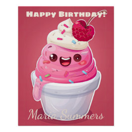 Happy Birthday Frozen Yogurt Kawaii Cartoon Poster