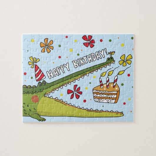 Happy Birthday Fun Crocodile Cartoon Illustration Puzzle (Horizontal)