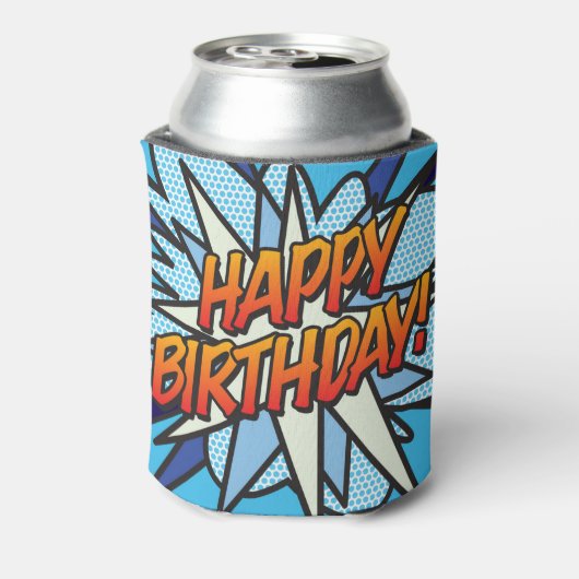 HAPPY BIRTHDAY Fun Modern Comic Book Blue Dosenkühler (Kanne Rückseite)