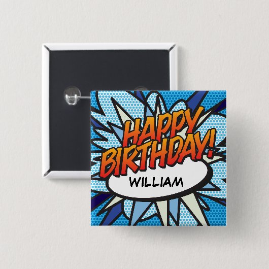 HAPPY BIRTHDAY Fun Retro Comic Book Button (Vorne & Hinten)
