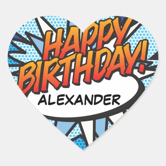 HAPPY BIRTHDAY Fun Retro Comic Book Herz-Aufkleber (Vorderseite)