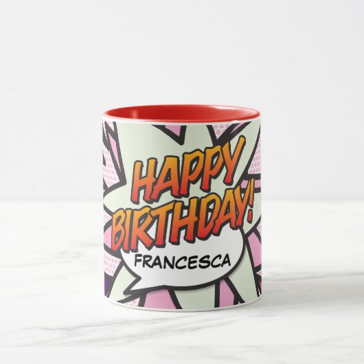 HAPPY BIRTHDAY Fun Retro Comic Book Pink Tasse (Zentrum)