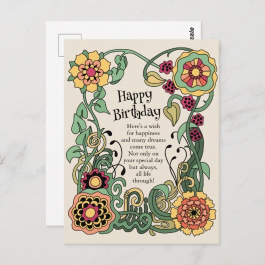 Happy Birthday Fun whimsical Blume Power CC0848 Postkarte (Vorne/Hinten)