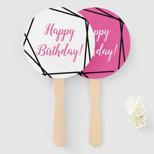 Happy Birthday Funky Geometric Pink Hand Fan Fächer (Vorne und Hinten)