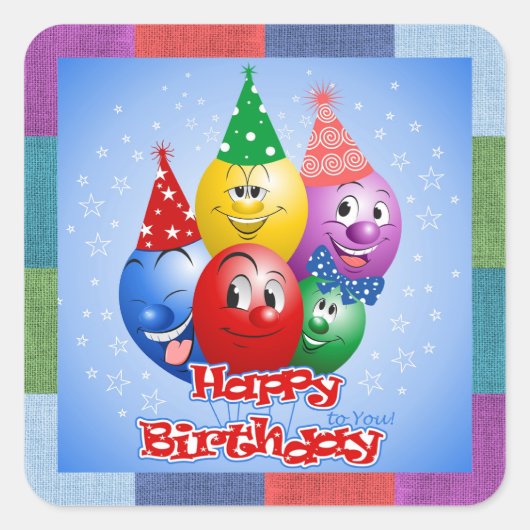 Happy Birthday Funny Balloons Quadratischer Aufkleber (Vorderseite)