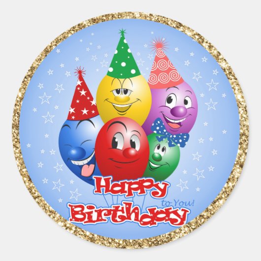Happy Birthday Funny Balloons Runder Aufkleber (Vorderseite)