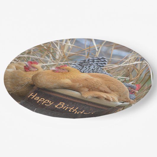 Happy Birthday Funny Chickens Pappteller (Schrägansicht)
