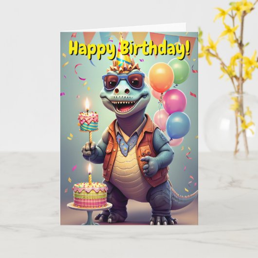 Happy Birthday | Funny Dinosaur Karte (Gelbe Blume)