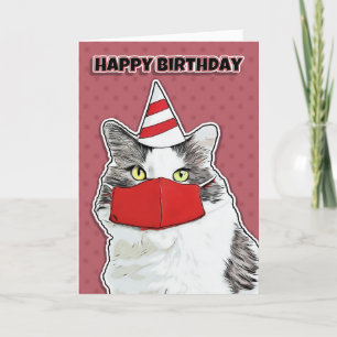 Happy Birthday Funny Kitty in Red Coronavirus Face Feiertagskarte