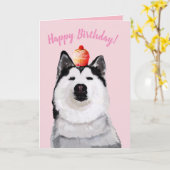Happy Birthday Funny Post Card, Husky, Cake Karte (Gelbe Blume)
