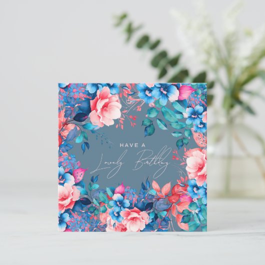 Happy Birthday Garden Floral Blush Dusty Blue Karte (Stehend Vorderseite)