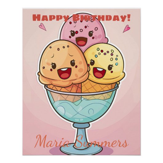 Happy Birthday Gelato Ice-Creme Kawaii Cartoon 2 Poster (Vorderseite)
