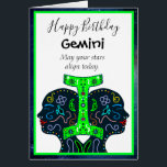 Happy Birthday Gemini friend or family member<br><div class="desc">Gemini Happy Birthday Horoscope Sign Zodiac Astrology Symbol strich blue and black card. Hand drawn twins on front of card. On the inside of card is the Horoscope strichen of a Gemini.</div>