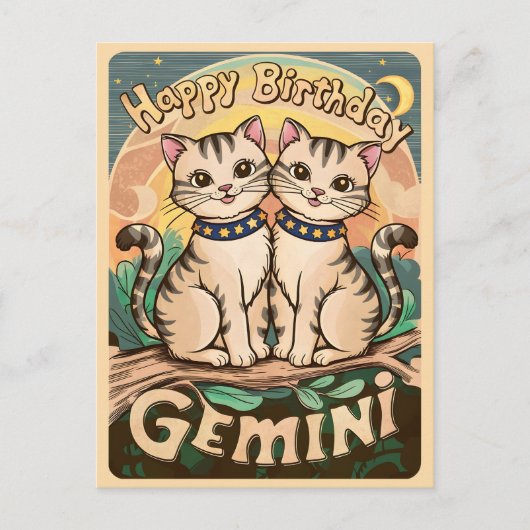 Happy Birthday Gemini Zodiac Sign Cats Postkarte (Vorderseite)