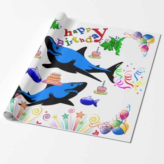 Happy Birthday Geschenk Wrapping Papier Hai Geschenkpapier (Ungerollt)
