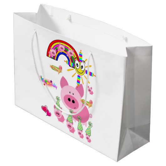 Happy Birthday Geschenktasche Pink Pig Große Geschenktüte (Rückseite Schrägansicht)