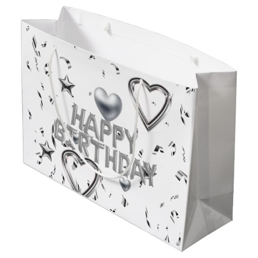 Happy Birthday Geschenktasche Silberherz Große Geschenktüte (Rückseite Schrägansicht)