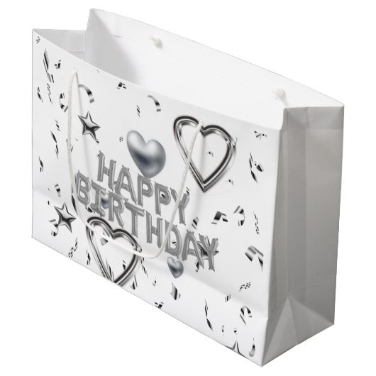 Happy Birthday Geschenktasche Silberherz Große Geschenktüte (Vorderseite Schrägansicht)