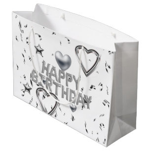 Happy Birthday Geschenktasche Silberner Herzen Große Geschenktüte