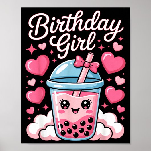 Happy Birthday Girl Cute Nk Bow Bubble Boba Tea An Poster (Vorne)